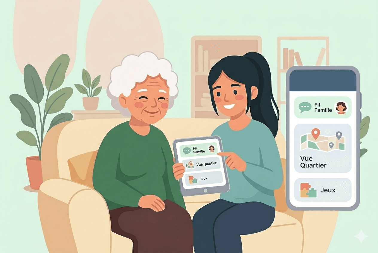 Une aînée et sa fille découvrent close2me ensemble sur une tablette